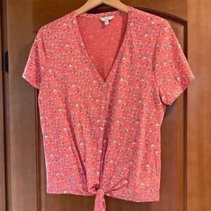 Lucky Brand Coral Floral Tie Front Top